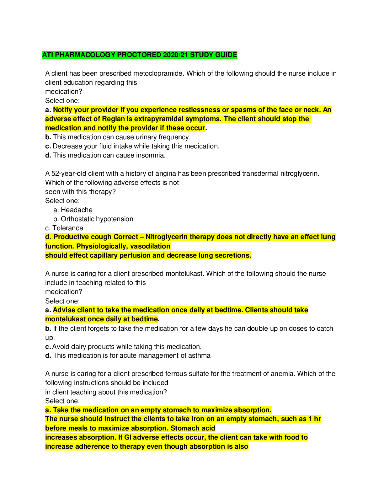 Preview image for ATI PHARMACOLOGY PROCTORED 2020/21 STUDY GUIDE